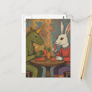 Einhorn und Kaninchen, das Karotten isst, Surreali Postkarte