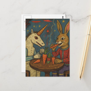 Einhorn und Kaninchen, die Karotten essen Surreal Postkarte