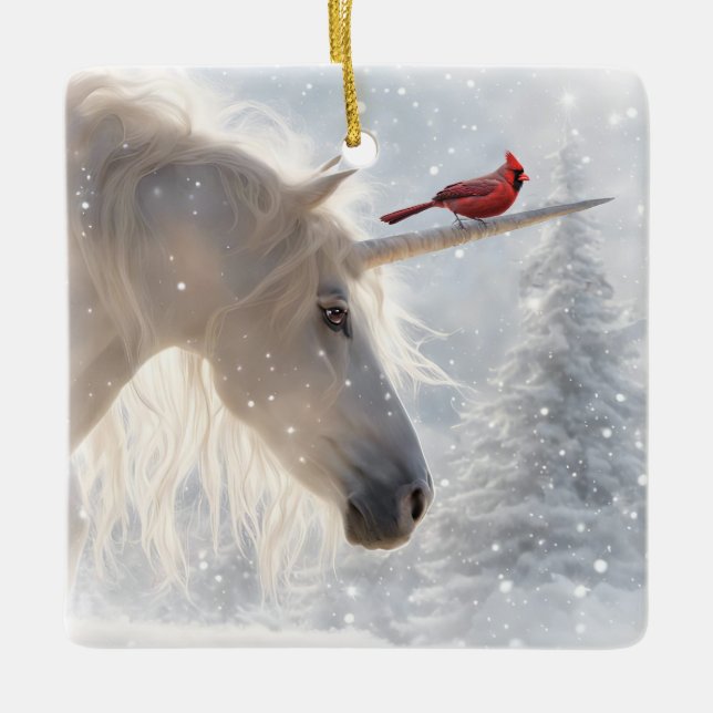 Einhorn und Kardinal Fantasy Schöne Weihnachten Keramikornament (Vorderseite)