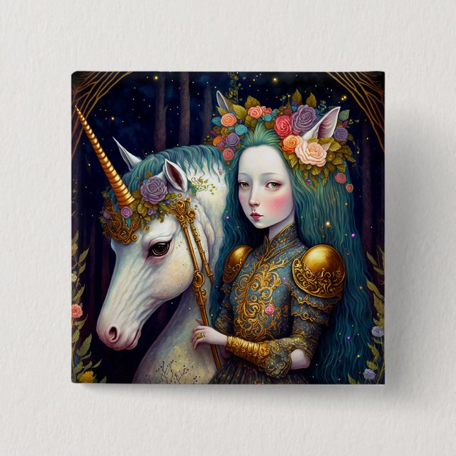 Einhorn und Lady Fantasy Art Button (Vorderseite)