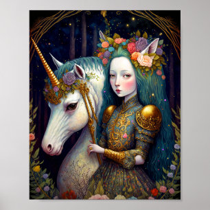 Einhorn und Lady Fantasy Art Poster