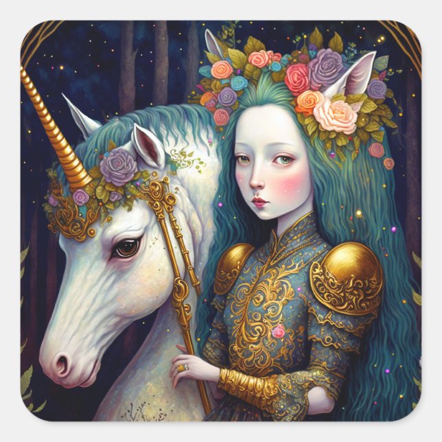 Einhorn und Lady Fantasy Art Quadratischer Aufkleber (Vorderseite)