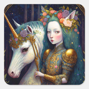 Einhorn und Lady Fantasy Art Quadratischer Aufkleber
