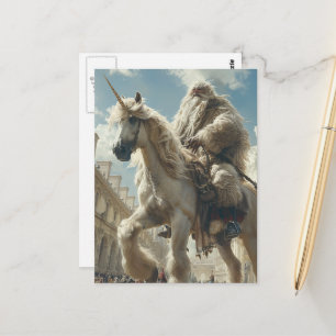 Einhorn und Mann in der Stadt Postkarte