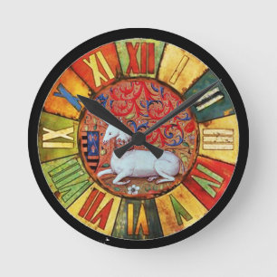 EINHORN UND MITTELALTERLICHE BLUMEN, FANTASIE-BLUM RUNDE WANDUHR
