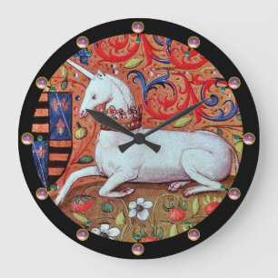 EINHORN UND MITTELALTERLICHE FANTASIEBLUMEN, BLUME GROßE WANDUHR