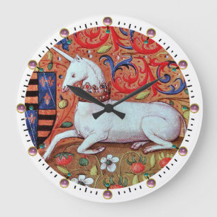 EINHORN UND MITTELALTERLICHE FANTASIEBLUMEN, BLUME GROßE WANDUHR