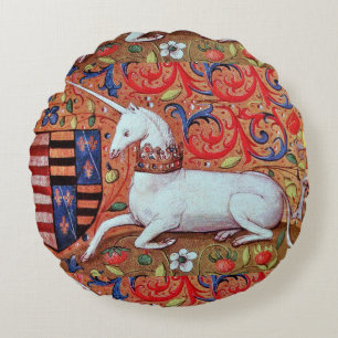 EINHORN UND MITTELALTERLICHE FANTASIEBLUMEN, BLUME RUNDES KISSEN