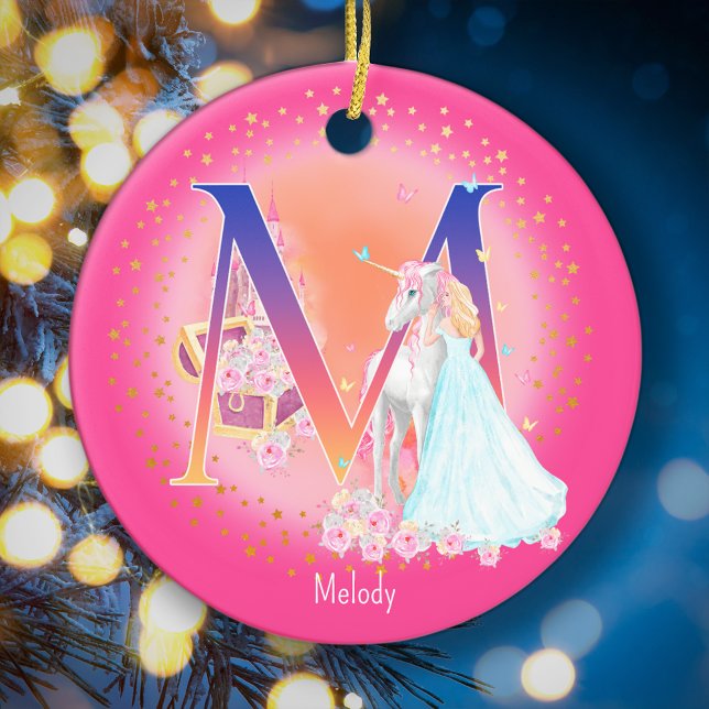 Einhorn und Princess Letter M Monogram Christmas Keramik Ornament (This pretty pink monogrammed Christmas ornament is perfect for your little princess!)