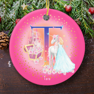 Einhorn und Princess Letter T Monogram Christmas Keramik Ornament