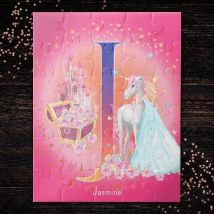 Einhorn und Prinzessin mit Castle Letter J Monogra Puzzle