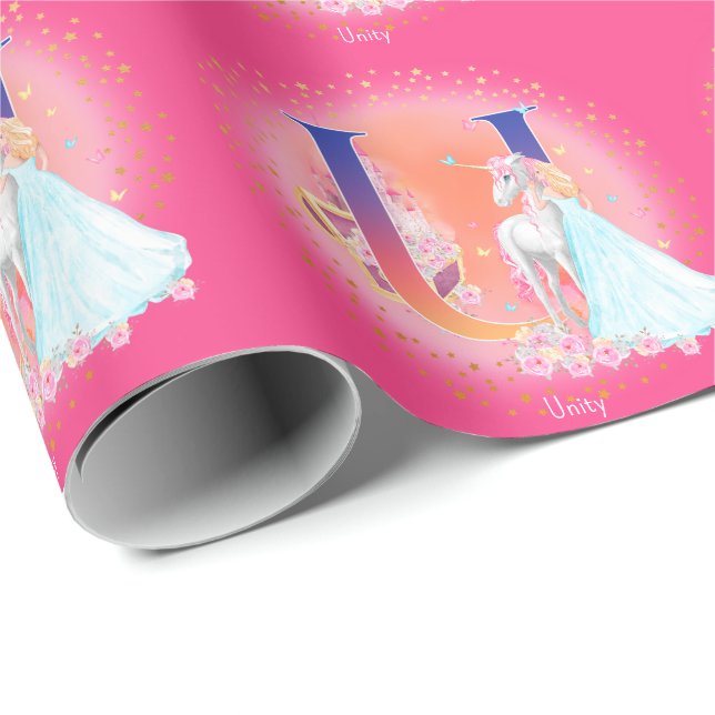 Einhorn und Prinzessin mit Castle Letter U Monogra Geschenkpapier (Rolleneckpunkt)