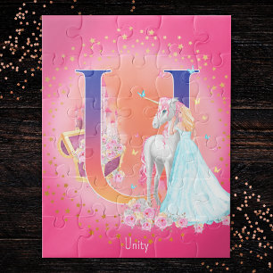Einhorn und Prinzessin mit Castle Letter U Monogra Puzzle