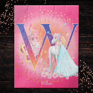 Einhorn und Prinzessin mit Castle Letter W Monogra Puzzle