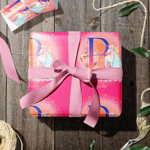 Einhorn und Prinzessin mit Schlossbuchstabe B Mono Geschenkpapier