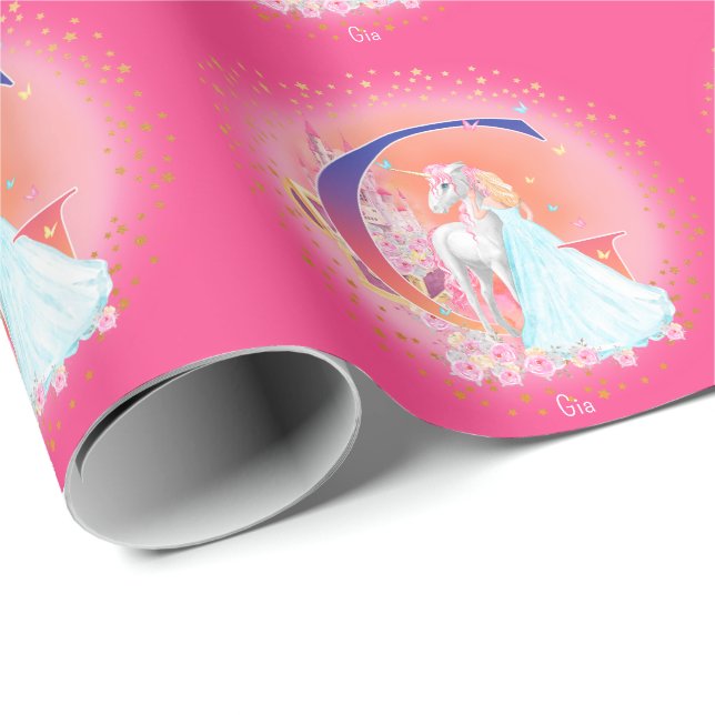 Einhorn und Prinzessin mit Schlossbuchstabe G Mono Geschenkpapier (Rolleneckpunkt)