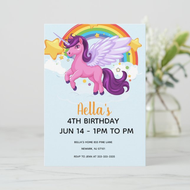 Einhorn und Regenbogen Geburtstag  Einladung (Stehend Vorderseite)