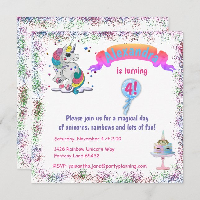 Einhorn und Regenbogen Glitzer Geburtstag Einladung (Vorne/Hinten)