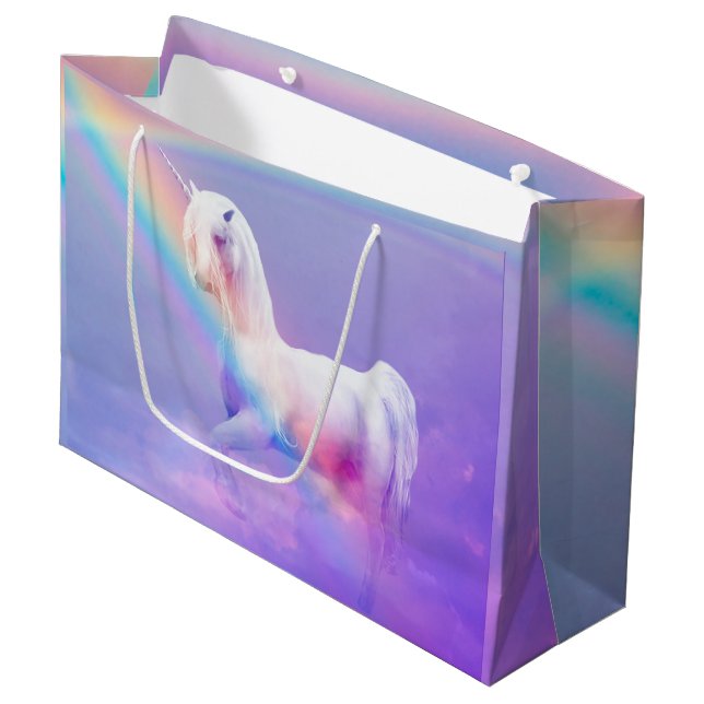 Einhorn und Regenbogen Große Geschenktüte (Vorderseite Schrägansicht)