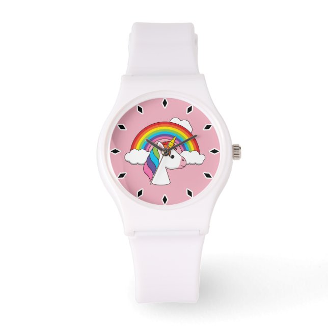 Einhorn und Regenbogen mit Wolken Kawaii Armbanduhr (Vorderseite)