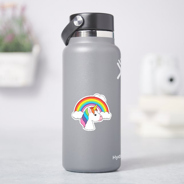 Einhorn und Regenbogen mit Wolken Kawaii Aufkleber (HydroFlask)
