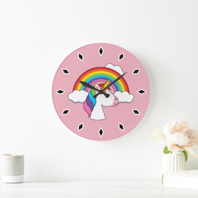 Einhorn und Regenbogen mit Wolken Kawaii Große Wanduhr (Zuhause)