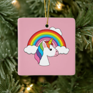 Einhorn und Regenbogen mit Wolken Kawaii Keramikornament