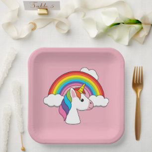Einhorn und Regenbogen mit Wolken Kawaii Pappteller