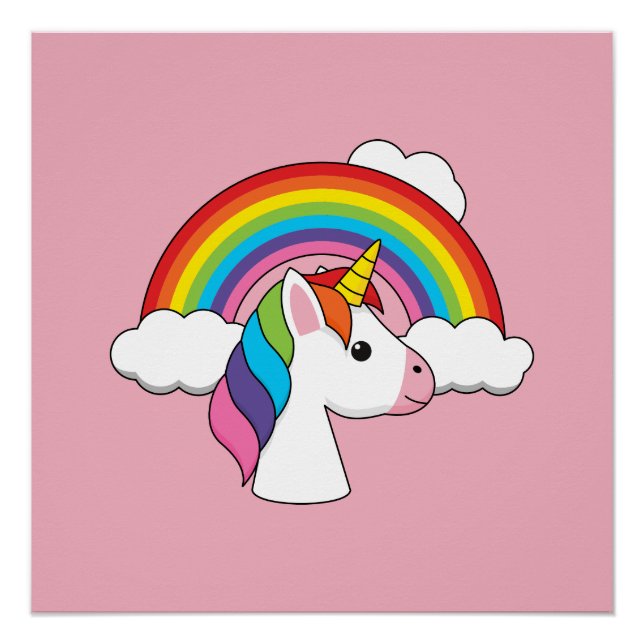 Einhorn und Regenbogen mit Wolken Kawaii Poster (Vorderseite)