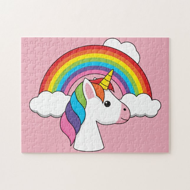 Einhorn und Regenbogen mit Wolken Kawaii Puzzle (Horizontal)
