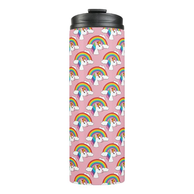 Einhorn und Regenbogen mit Wolken Kawaii Thermosbecher (Vorderseite)