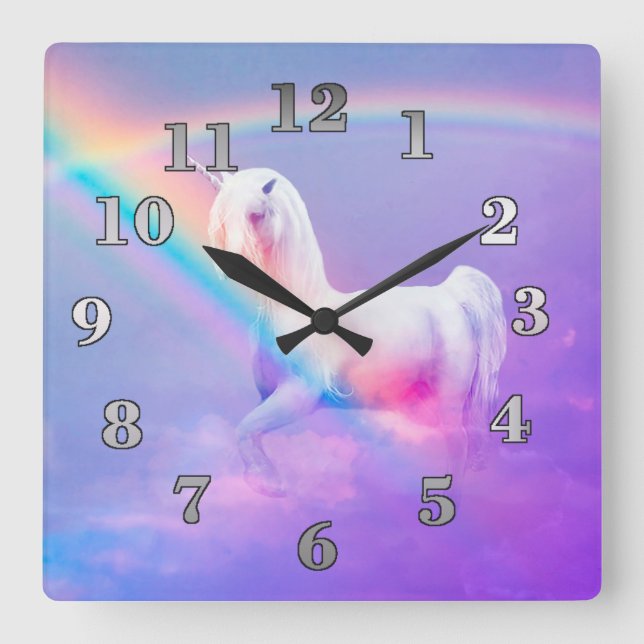 Einhorn und Regenbogen Quadratische Wanduhr (Vorderseite)
