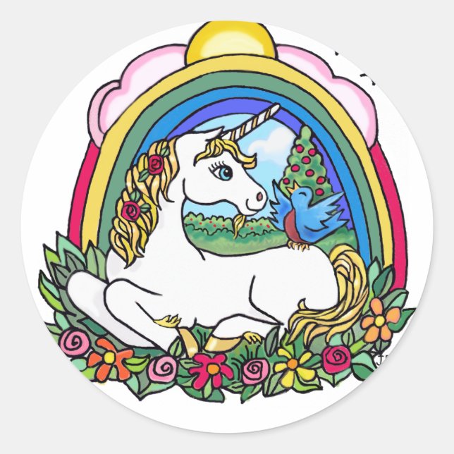 Einhorn und Regenbogen Runder Aufkleber (Vorderseite)
