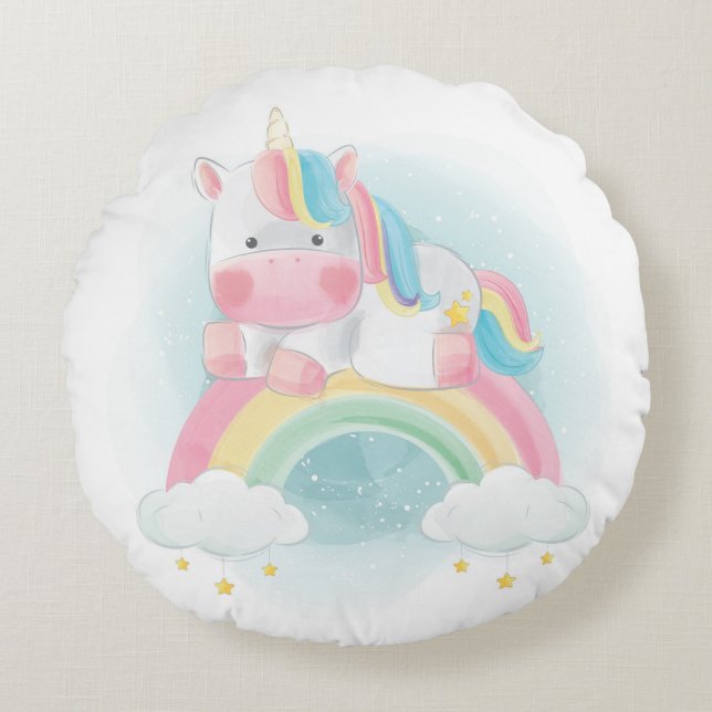 Einhorn und Regenbogen Rundes Kissen (Vorderseite)