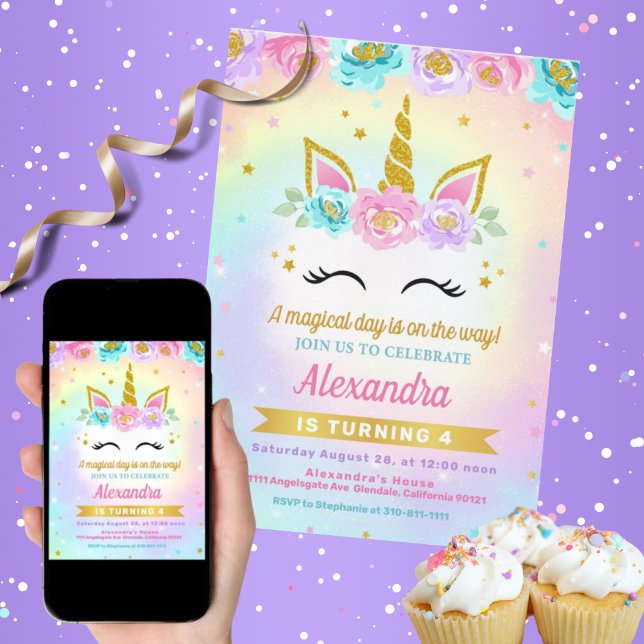Einhorn und Rose Kindergeburtstag Einladung (Magical Unicorn and Roses Birthday Invitation-Fully Customized!)