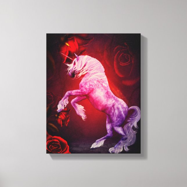 Einhorn und Rote Rosen Fantasy Horst Art Leinwanddruck (Vorderseite)