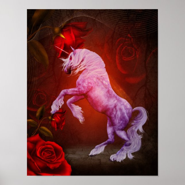 Einhorn und Rote Rosen Fantasy Horst Art Poster (Vorne)