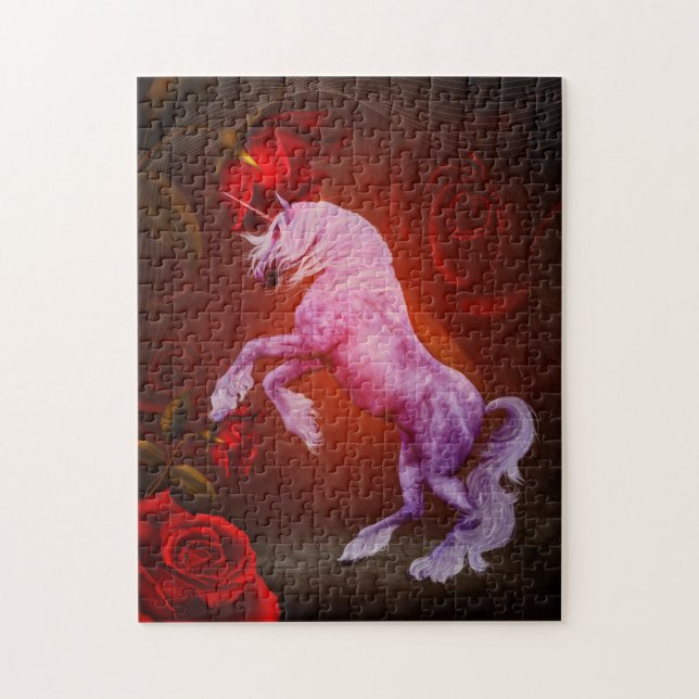Einhorn und Rote Rosen Fantasy Horst Art Puzzle (Vertikal)