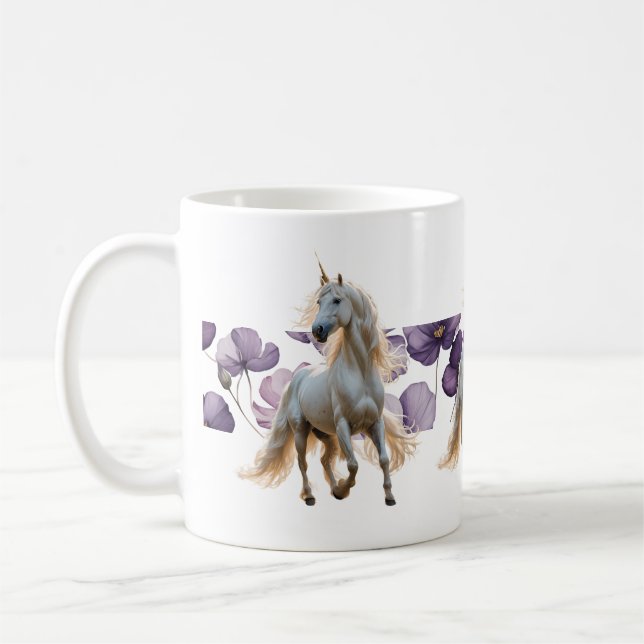Einhorn und violette Blumen Kaffeetasse (Links)