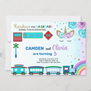 Einhorn und Züge Geschwister Geburtstagseinladung. Einladung