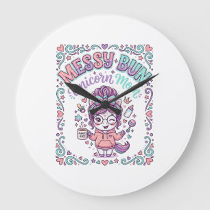 Einhorn-Unordentlicher-Bun-Einhorn-Mama-Retro-Stil Große Wanduhr