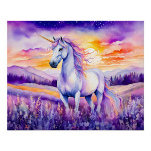 Einhorn unter dem regenbogenfarbenen Sonnenunterga Poster