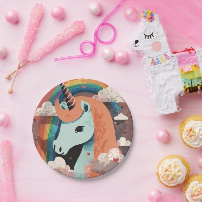 Einhorn unter Regenbogen & unter den Herzen Pappteller (Party)