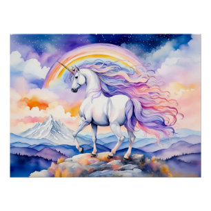 Einhorn unter sanften Pastell-Regenbogenwolken Poster