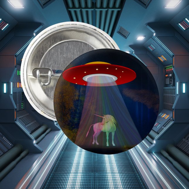 Einhorn unter UFO-Regenbogenbeam am Night, ZKoA Button (Unicorn Under UFO Rainbow Beam at Night Button)