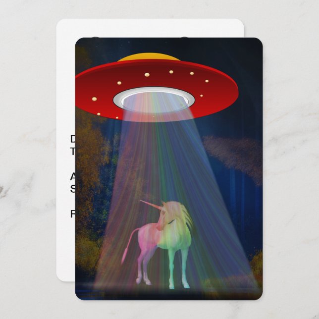 Einhorn unter UFO-Regenbogenbeam am Night, ZKoA Einladung (Vorne/Hinten)