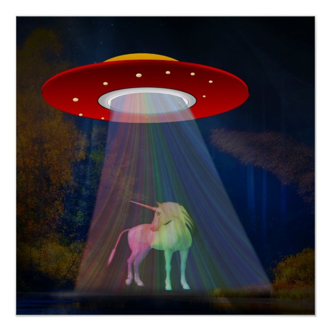 Einhorn unter UFO-Regenbogenbeam am Night, ZKoA Poster (Vorderseite)