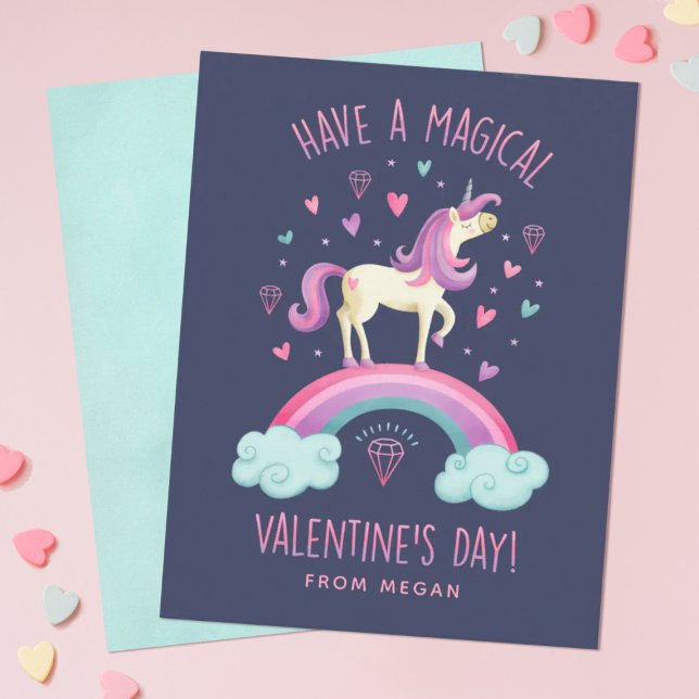 Einhorn-Valentinstag-Grußkarte Mitteilungskarte (Personalize this cute unicorn Valentine's Day card for your girls classroom exchange.)