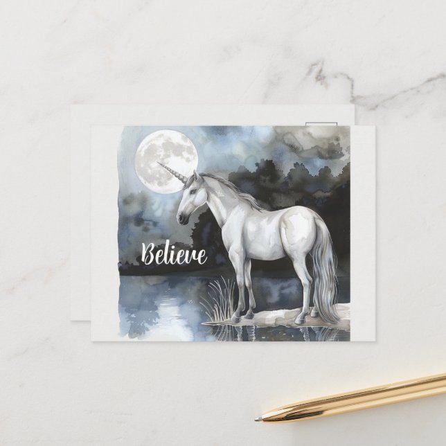 Einhorn Vollmond Glauben Postkarte (Vorderseite/Rückseite Beispiel)