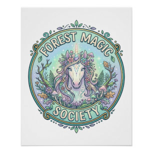 Einhorn-Wald-Magie-Gesellschaft Grafikdesign Weiß Poster